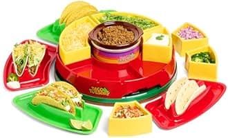 Nostalgia TTLSTB10 Heated Lazy Susan Topping Bar Perfect for Burritos, Nachos, Fajitas, 20-Oz. Warming Pot, Includes 4 Tortilla Holders, Plastic, Red