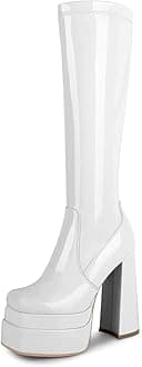 wetkissStacked Platform Knee High Boots for Women, Chunky High Heeled Go-Go Boots Square Toe Side Zip Stretch Boot