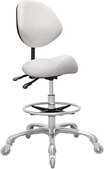 Saddle Stool Chair with Back Support Footrest, Heavy-Duty(350LBS), Hydraulic Rolling Swivel Adjustable Stool Chair for Salon Spa Beauty Massage Dental Clinic Home Office Use(White)