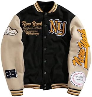 GORGLITTER Men's Letter Graphic Varsity Jacket Long Sleeve Striped Trim Button Bomber Jackets