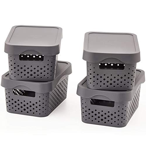 EZOWare Gray Plastic Shelf Stackable Storage Organizer Baskets with Lids for Storing Household Items - Pack of 4, Small
