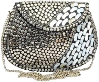Shakuntala Vintage Clutch - Metal Mosaic Stone & Shell Design Purse - Handmade Women's Handbag