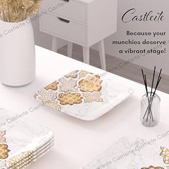 Castleite Bliss Melamine Quarter Plates Set Of 6 - Size 7',Non Breakable,Square Designer Plate For Serving Snacks,Breakfast,Lunch Or Dinner At Home,Kitchen,Or Café,Stainless (Paradise Palms) - White