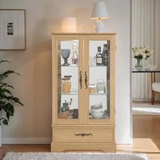 CKEASEAN Curio Cabinet 47" H Vintage Glass Display Cabinet with 3-Tier Adjustable Glass Shelves, Acrylic Mirrored Back Pane, Light Blub Included, China Cabinet for Living Room (Light Oak)