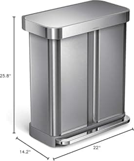 simplehuman 58 Liter/15.3 Gallon Step Can Liner Pocket, Brushed Stainless Steel Dual Compartment Recycler