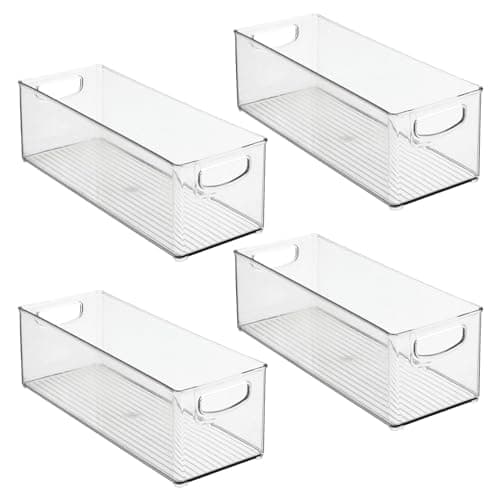 Plastic Stackable Kitchen Organizer - Storage Bin with Handles for Refrigerator, Freezer, Cabinet, and Pantry Shelves Organization - Food Container - Ligne Collection - 4 Pack - Clear