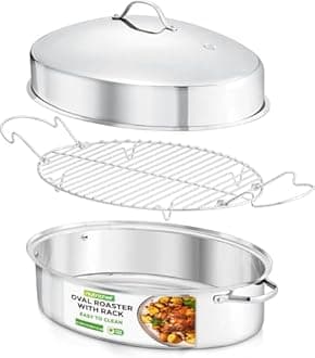 NutriChef, Roasting Tray Pan Oval Set - Deep Roasting Tin Grill with Rack, Roaster Pan with Lid - Stainless Steel Roaster Dish w/Wide Handles & Removable Rack- for Roasting, Large- 50.8cm, Silver