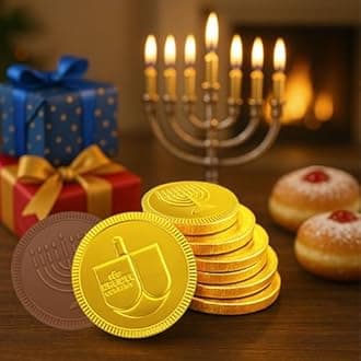 The Dreidel Company Hanukkah 10-Mesh Bags Chocolate Gelt Gold Coins With Dreidel and Menorah design, Milk Chocolate Gelt, Kosher OU-D Certified (10 Bags) 4 Coins per Bag