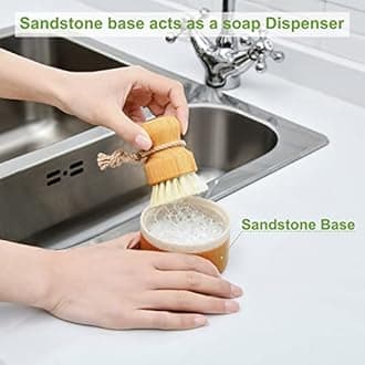 SUBEKYU Bubble Up Bamboo Dish Brush Set with Soap Holder, Wooden Dish Scrubber with Soap Dispenser, Natural Kitchen Scrub Brush, Washing Pot/Pans/Cast Iron, 2 Pack, Sisal Bristles