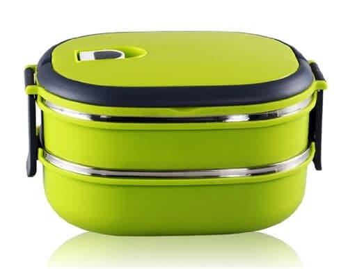 Katie Double Layer Stainless Steel Rectangular Lunch Box with Handle (Green)