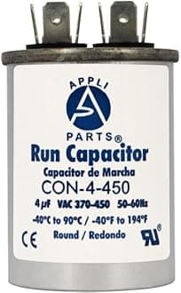 Appli Parts Capacitor Run Capacitor 4 Mfd uF (microfarads) 370VAC or 450VAC CBB65 Universal Air Conditioning and Other Applications Round UL E476928 2.5" High 1.5" Width CON-4-450
