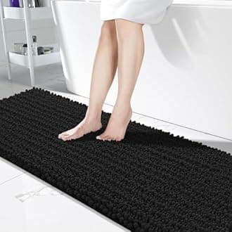 Yimobra Bathroom Runner Rug 70x24 Inch - Extra Long Non Slip Chenille Bath Mat, Soft & Absorbent, Machine Washable Shaggy Hallway Carpet for Vanity Tub Shower, Black Home Decor Accessories