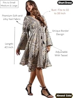 KE KANHA EXPORTS Western Dress for Women | Boho Border Print Short One Piece Dress | Beach Wear Drawstring Tassel Waist, Chinese Collar, Flared Sleeves | Soft Silky Fabric