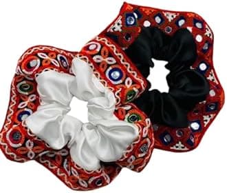 Navratri Special Hair Accessories Scrunchies Hair Bow Bun Tie Shell Kutchi Work lace