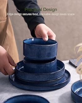 famiware Star Plates and Bowls Sets, Modern Stoneware Dinnerware Sets for 8, 24-Piece Kitchen Dish Set - Microwave and Dishwasher Safe, Chip and Scratch Resistant, Nebulas Blue