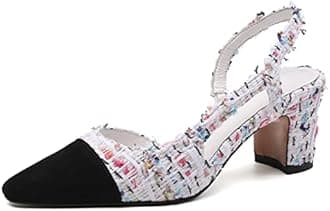 MICIFA Slingback Heels for Women，Round Toe Chunky Heeled Pumps Ankle Strap Fashion Splicing Dress Shoes