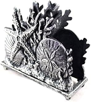 Hampton Nautical Antique Silver Cast Iron Seashell Napkin Holder 7 Inch - Seashell Decoration - Beach Kitchen Decorating