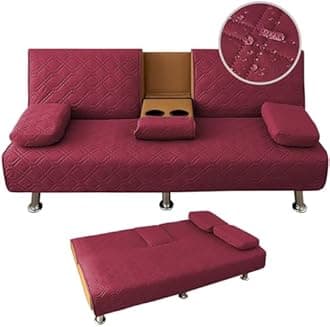 4 Pieces Click Clack Sofa Bed Cover 3 Seater, Quilted Convertible Folding Cover with 2 Removable Armrests and 1 Holders Covers (Wine Red)