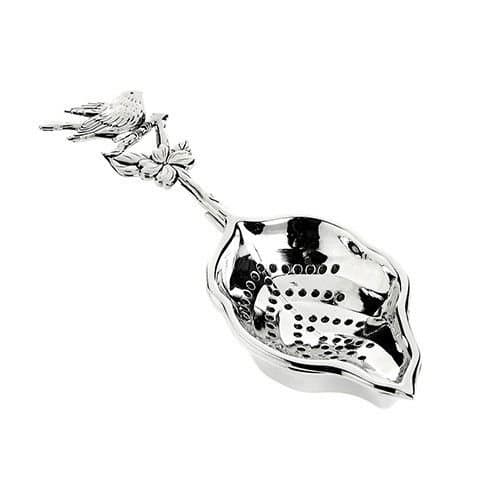 Silver Plated Tea Strainer Bird on Leaf Design