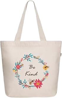 Aesthetic Canvas Tote Bag for Women - Large, Reusable, Zippered Tote Bag with Inner Pocket, Perfect for School, Shopping, Work, Beach, Cute & Eco-Friendly Gift for Girls, Teachers, Mothers