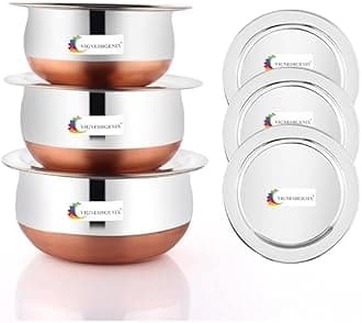 Copper Bottom Urli Handi Set with Lid Cover| Stainless Steel Cookware Set | Serving Cooking Tope Bowl for Kitchen | Copper Bottom Vessels for Cooking, 3 Piece