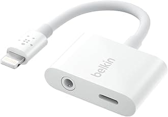 Belkin RockStar Lightning to 3.5mm Audio Cable + Audio Charger Splitter, 2-in-1 Aux iPhone Headphone and Charger Adapter - Compatible with iPhone 14, 13, 12, 11, X, and More - White