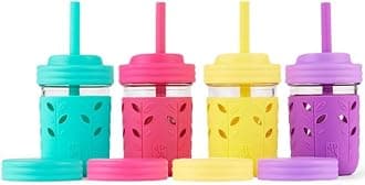 Kids + Toddler Glass Cups | The Original 8oz Glass Mason Jar with Sleeves + Lids | Silicone Straws + Stopper | Smoothie Cup | Food Storage | Spill Resistant | Dishwasher Safe | 4 Pack