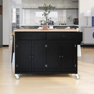 Elefesign FridayParts FridayParts Kitchen Island Cart with Solid Wood Top and Locking Wheels, 54.3 Inch Width, 4 Door Cabinet and Two Drawers, Spice Rack, Towel Rack, Black