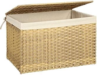 SONGMICS Storage Basket with Lid, Woven Blanket Storage Bin with Handles, Foldable, Removable Liner, Metal Frame, for Bedroom, Laundry Room, 42.3 Gallons (160 L), Natural URST76NL
