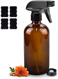 Glass Spray Bottles, 16oz Amber Glass Spray Bottles with Labels & Adjustable Nozzle, Reusable Containers for Cleaning, BBQ, Food, Plants, Alcohol, Essential Oils(1 Pack)