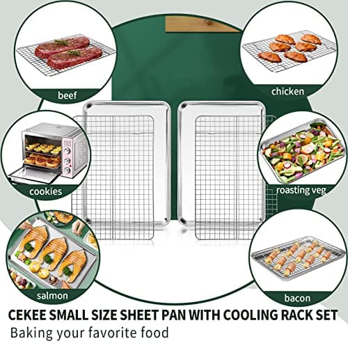 CEKEE 4 PCs Small Baking Sheet With Wire Rack Set [2 Pans + 2 Cooling Racks], 10 Inch Stainless Steel Tray - Rust & Warp Resistant, Easy Clean