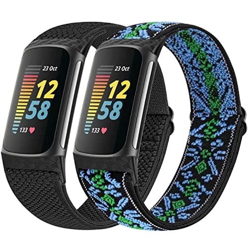 Elastic Straps Compatible with Fitbit Charge 5 Strap, 2 Pack Stretchy Adjustable Nylon Loop Braided Replacement Sport Wristband for Charge 5 Activity Tracker Women Men