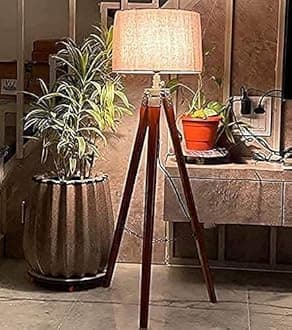 M.Malik Wooden Tripod Floor Lamp for Living Room, Bedroom - Adjustable Modern Lamp with Brown Stand