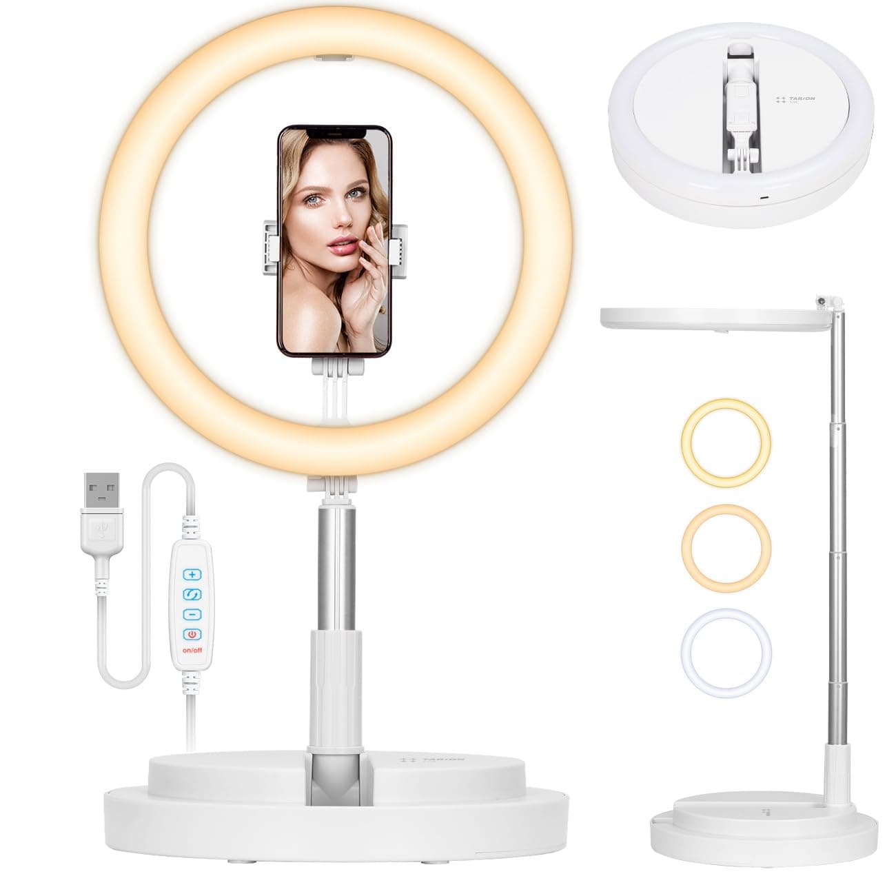 TARIONSelfie Ring Light with Stand - 11.8" Foldable Ring Light with Phone Holder & Cold Shoe Mount, Tall Desk Ring Light for Videography Photography Led Beauty Ring Light Adjustable Brightness White
