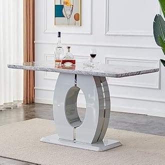 Modern Grey Marble Dining Table for 4, Simple and Luxurious Rectangular Minimalist Marble Bar Table with O-Shaped Pedestal for Dining Room, Living Room, Kitchen (Grey2)