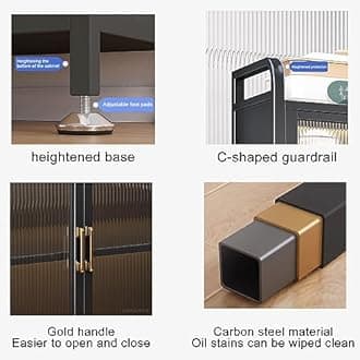 Kitchen Baker's Rack with Storage Cabinet and 5 Tier Microwave Stand Metal Shelves for Garage Pantry Home Kitchen Organizer for Spices Pots and Pans Pegboard Accessories Included (Svart Larg