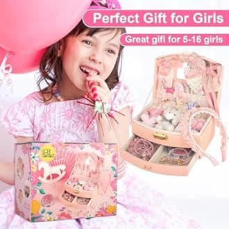 OneCocoa Hair Accessories for Girls, Teen Girl Gifts Including Jewelry Box/Hair Clips/Hairband/Hair Ties/Hair Bows, Birthday Gift for Girls Age 6 7 8-14 16 (Pink-Upgraded)