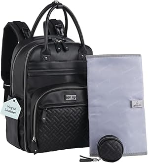 Leather Diaper Bag Backpack - Baby Essentials Travel Baby Bag, Multi function, with Changing Pad, Stroller Straps & Pacifier Case – Unisex, Black