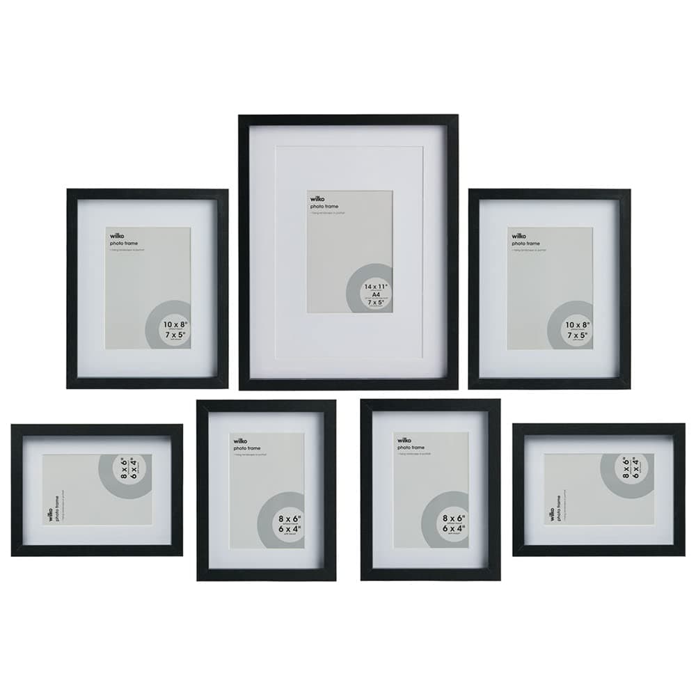 wilko Gallery Wall Photo Frames Set, Includes 7 Frames in Black, Hang Landscape or Portrait, Glass Cover on Small Frames and Plastic Cover on Large Frame, Easy to Clean