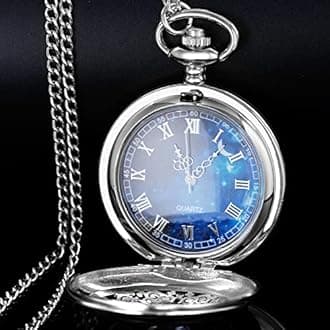 Tiong Quartz Pocket Watch Hollow Steampunk Blue Star Design Roman Numerals Pocket Watch with Chain Christmas Gifts