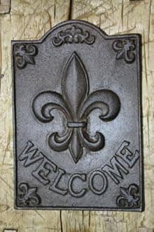 Vintage Large Cast Iron FLEUR DE LIS WELCOME Plaque Finial Garden Sign Home Decor