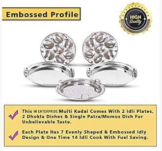 Stainless Steel Idli Cooker Multi Kadai Steamer with Copper Bottom All-in-One Big Size 5 Plate 2 Idli | 2 Dhokla | 1 Patra | Momo's | 28.5 cm Dia (Copper bottom)