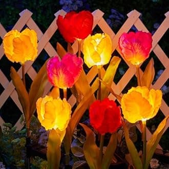 Brightown LED Solar Flower Lights - 4 Pack with More Realistic & Larger Tulip Flowers, Waterproof Outdoor Lights - Perfect for Decorating Yard, Patio, Lawn, Pathway, Walkway
