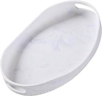 White Marble Decorative Tray with Handles - 14x10 inches, Beaded Oval Counter...