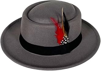Wool Felt Fedora Hats for Women Men, Wide Brim Flat Top Hat Porkpie Hat, Jazz Hat with Feather Unisex