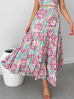 ANRABESS Women’s Summer Boho Elastic Waist Pleated A-Line Flowy Swing Tiered Long Beach Skirt Dress with Pockets, Floral 03, Large