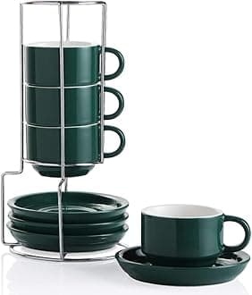 SweejarPorcelain Espresso Cups with Saucers, 4 Ounce Stackable Cappuccino Cups with Metal Stand for Coffee Drinks, Latte, Tea - Set of 4 (Jade)
