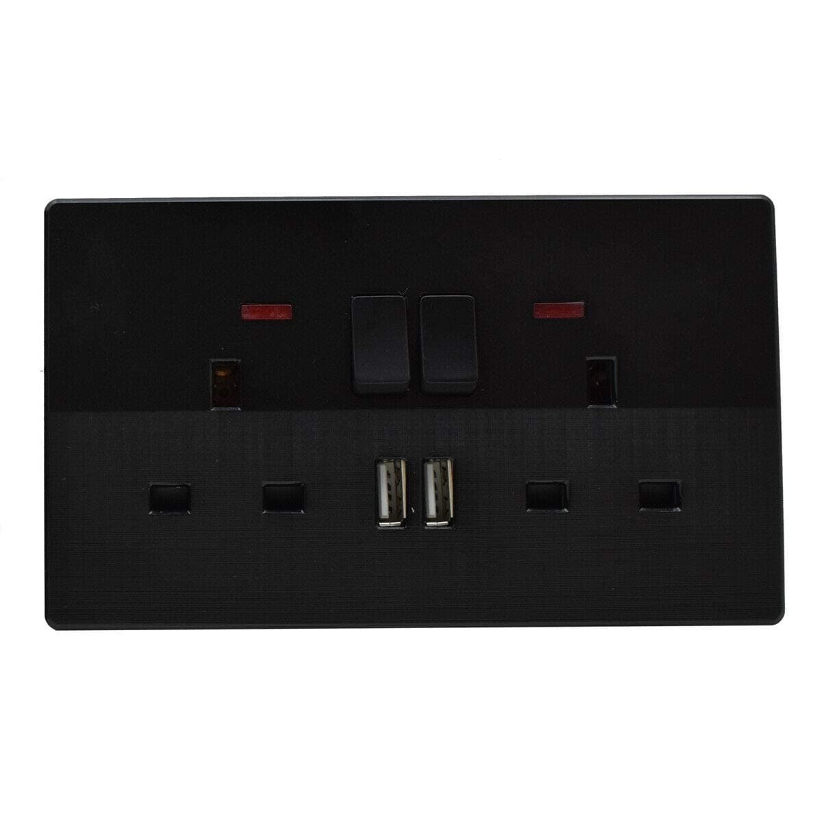 UK Wall Electrical Lighting Switch & Socket Textured Screwless Flat Plate Black Light switches, with/Without USB Plug Sockets (2 Gang 13A Socket with USB)