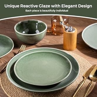 AmorArc Ceramic Dinnerware Sets for 8, 24 Pieces Handpainted Plates and Bowls Set, Scratch Resistant Stoneware Dishes Set, Dishwasher & Microwave Safe, Jade Green
