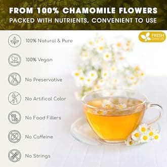 FRESHDRINKUS, Premium 25 Chamomile Tea Bags, 100% Natural and Pure Chamomile Flowers, Eco-conscious Tea Bags. Chamomile Flower Herbal Tea. No Sugar, No Caffeine, No Gluten, Vegan.